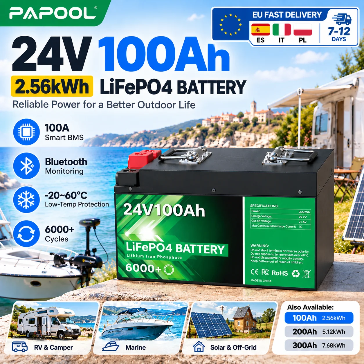 24V 100Ah LiFePO4 Battery 2.56Kwh 6000+ Cycles Bluetooth Smart BMS 25.6V 200Ah 300Ah For Solar RV Marine Trolling Motor Off Grid