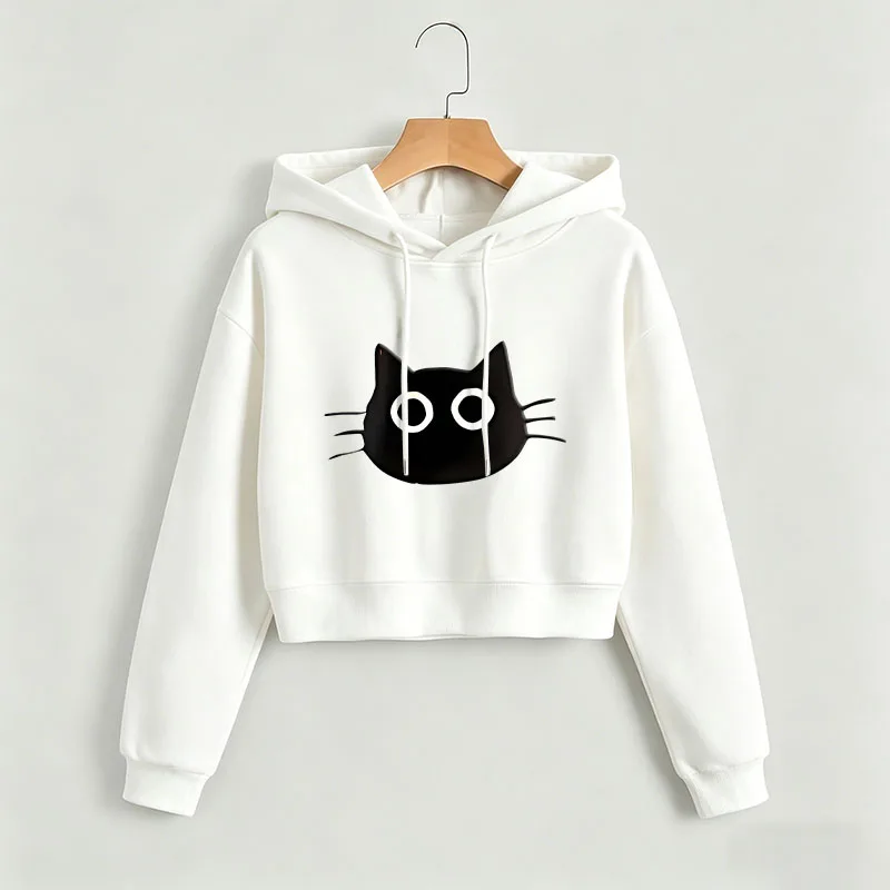 

Kawaii Cat Autumn Winter Cropped Sweatshirt Crop Top Hoodie Y2k Sweatshirts Gothic Casual Style Clothes