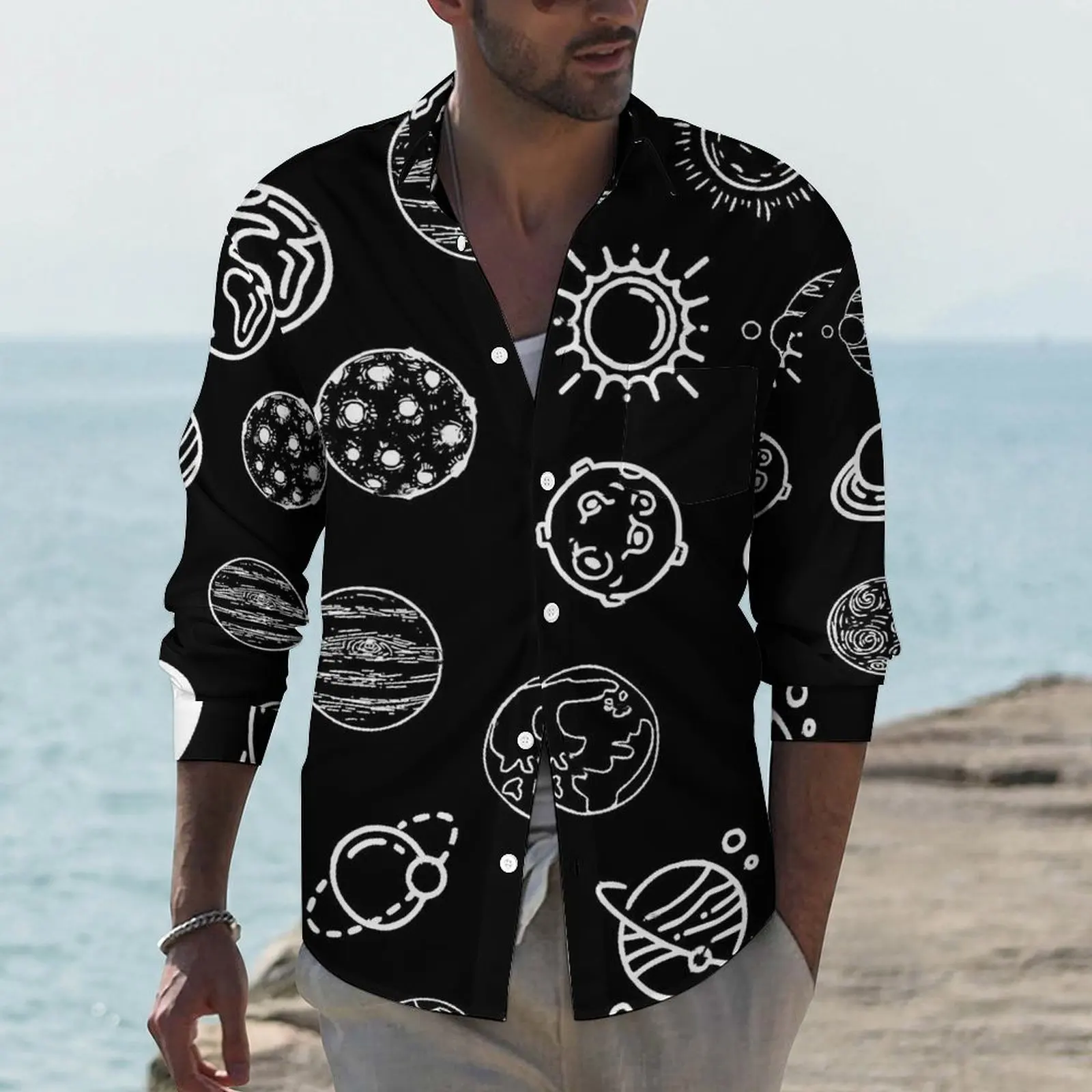 

Cute Space Design Shirt Man Planets Art Casual Shirts Autumn Streetwear Print Blouses Long Sleeve Fashion Oversize Clothing Gift