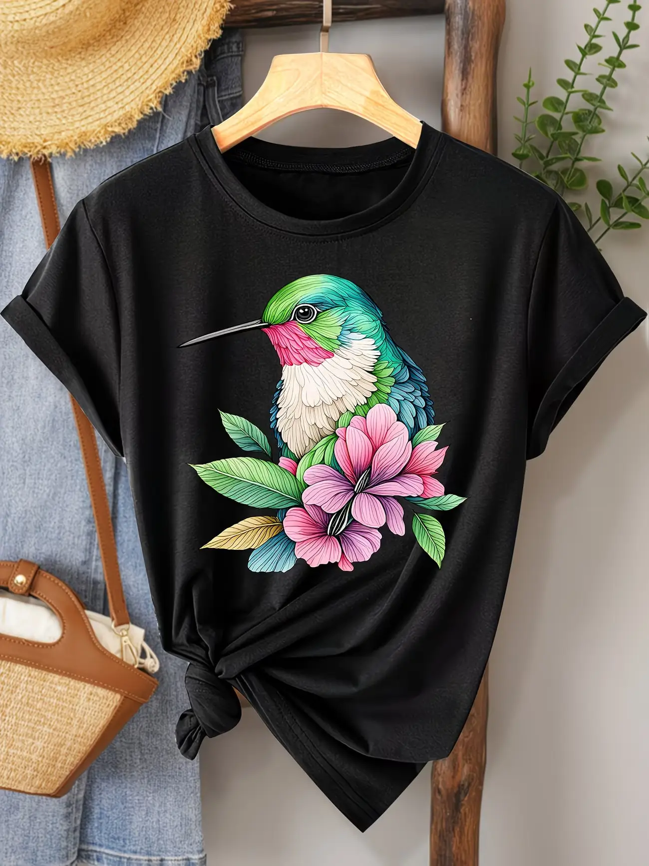 

Plus size women's short sleeve T-shirt Hummingbird Flower Art Design Print Everyday comfortable and versatile style summer