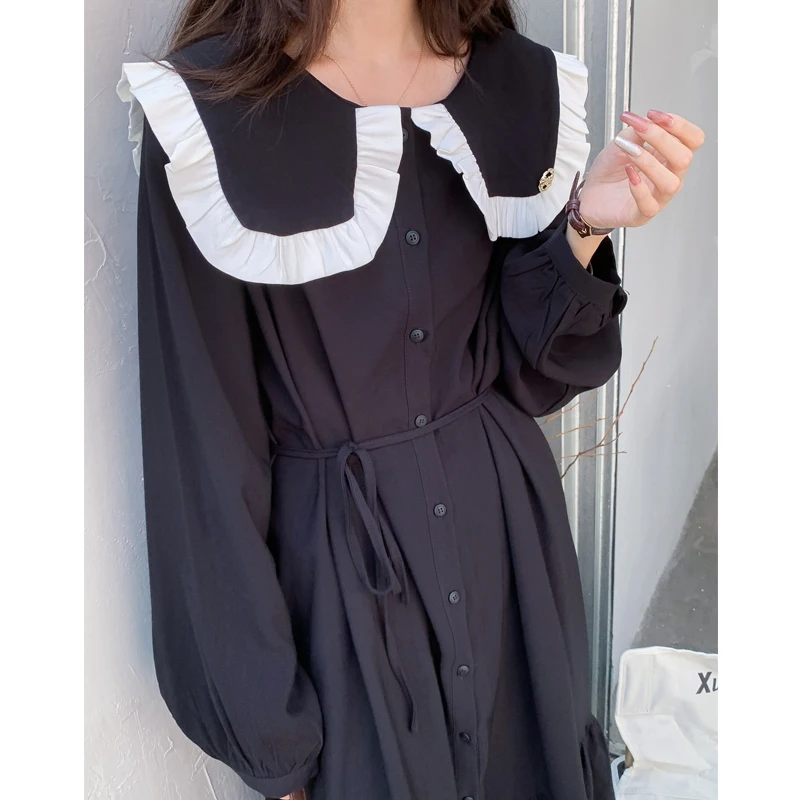 

Ретро-платье с воротником-стойкой на пуговицах, длинное, с высокой талией, свободного кроя, очень длинное, осенне-зимнее, 5007, корейский стиль, А-силуэт, юбка