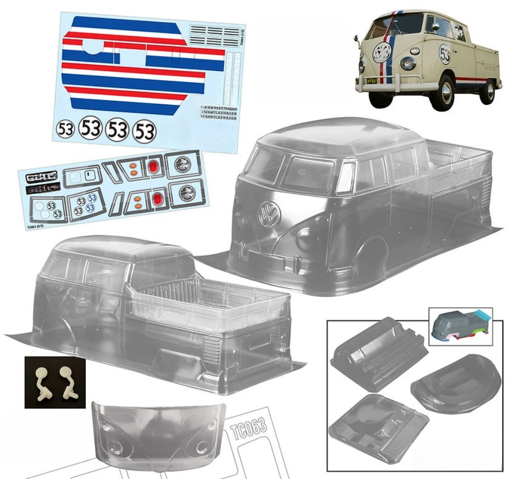 

TC063 1/10 Volkswagen Pick Up Clear Lexan body. Корпус 190 мм RC. Колесная база 257 мм. Шасси Tamiya tt01 tt02. Kyosho fazer mk2