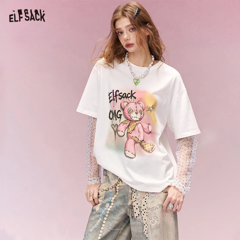 

Женская футболка ELFSACK с милым принтом медведя, летняя футболка оверсайз с графическим рисунком, повседневный топ с длинными рукавами и кружевом в горошек