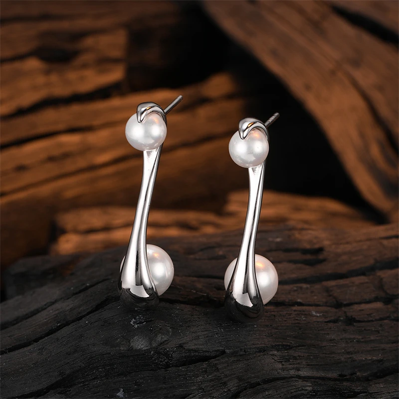 

925 Sterling Silver Irregular Meandering Earrings for Women Fashion Original Geometric Pearl Drop Earrings Unique Design Jewelry
