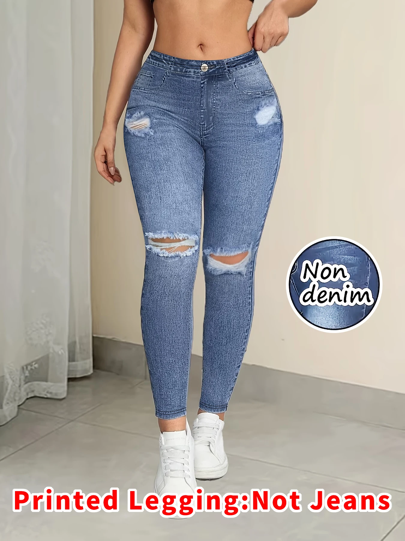 Printed Legging‑Not Denim Fabric All‑over faux‑denim printed long pants with faux pocket and button print details. New‑arrival