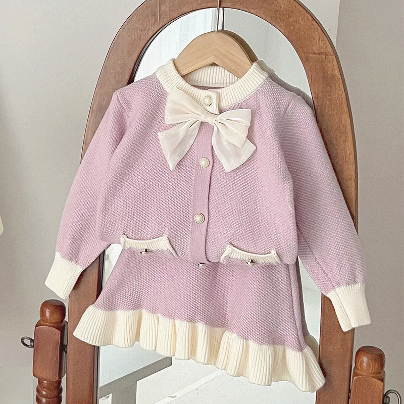 Childrens Sets Girls Autumn New Bow Knot Korean 2023 Clothing Baby Knitting Cardigan Two Piece Set Round Collar Pearl