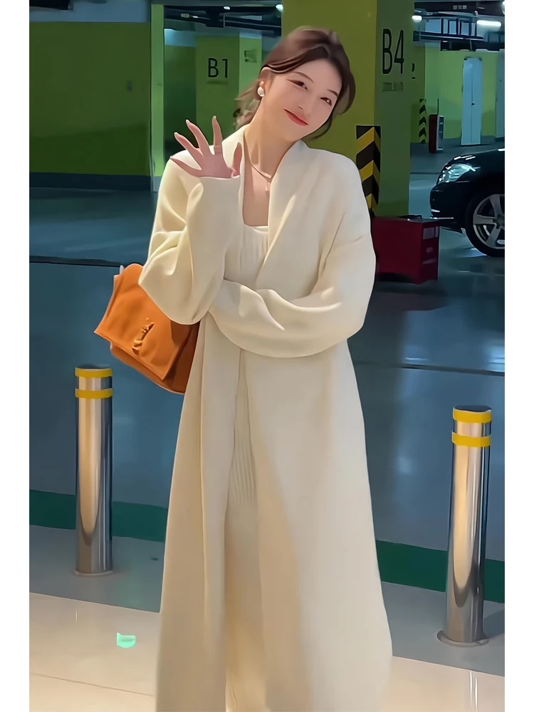 

White Long Knitted Cardigan Women's Outerwear Autumn Winter Soft Plushlike Mink High Quality Lazy Style Commute Fashion