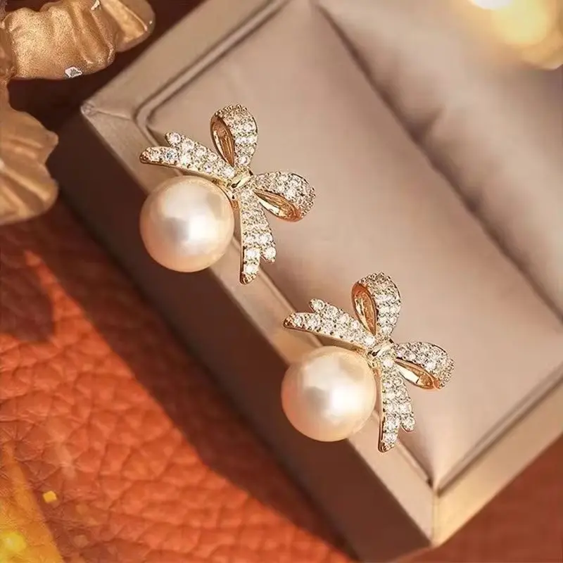 Girls Zircon Bow Pearl Pendant Earrings Set Micro Design Jewelry Ear Accessories Trendy 2026 Fashion for Kids