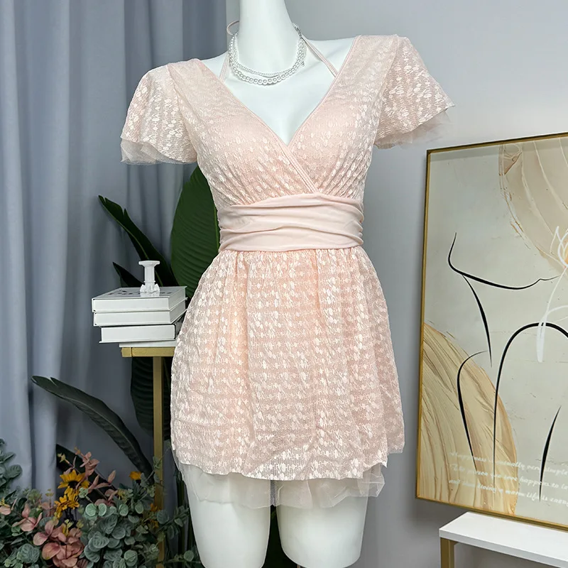 

sexy Korean fashion lace print swimsuits one piece halter deep v-neck short sleeve mini dress culottes bikinis padded swimwear