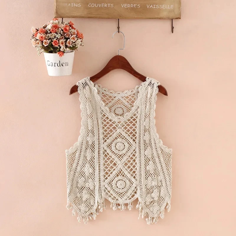 Women\'s All-match Sleeveless Hollow Out Tank Top Solid Color Short Knitted Waistcoat Crochet Pullover Sweater Vest Women Outwear