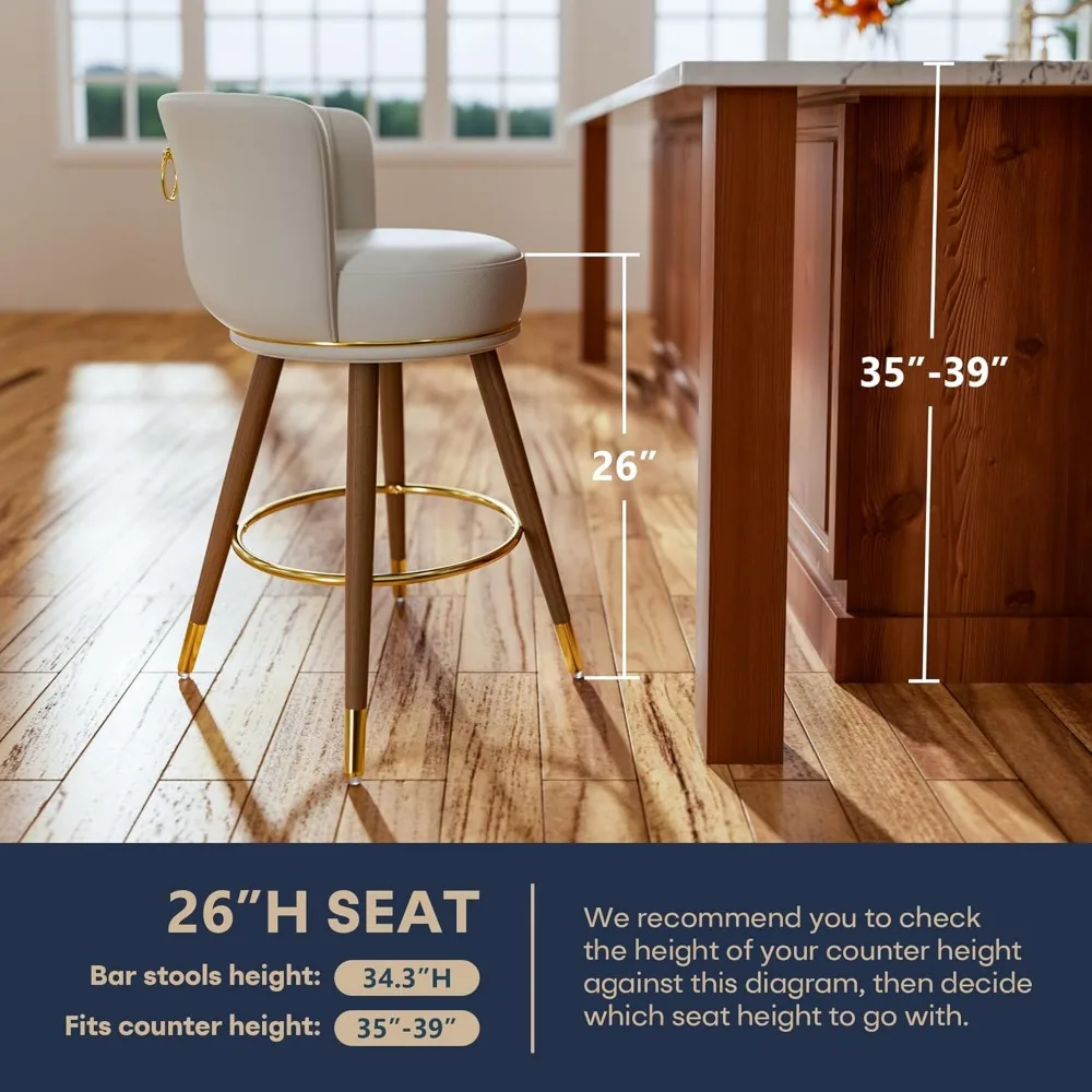 Leather Swivel Counter Stool with Wood Legs and Footrest, Upholstered Pub Stools White Bar Chairs Kitchen Island