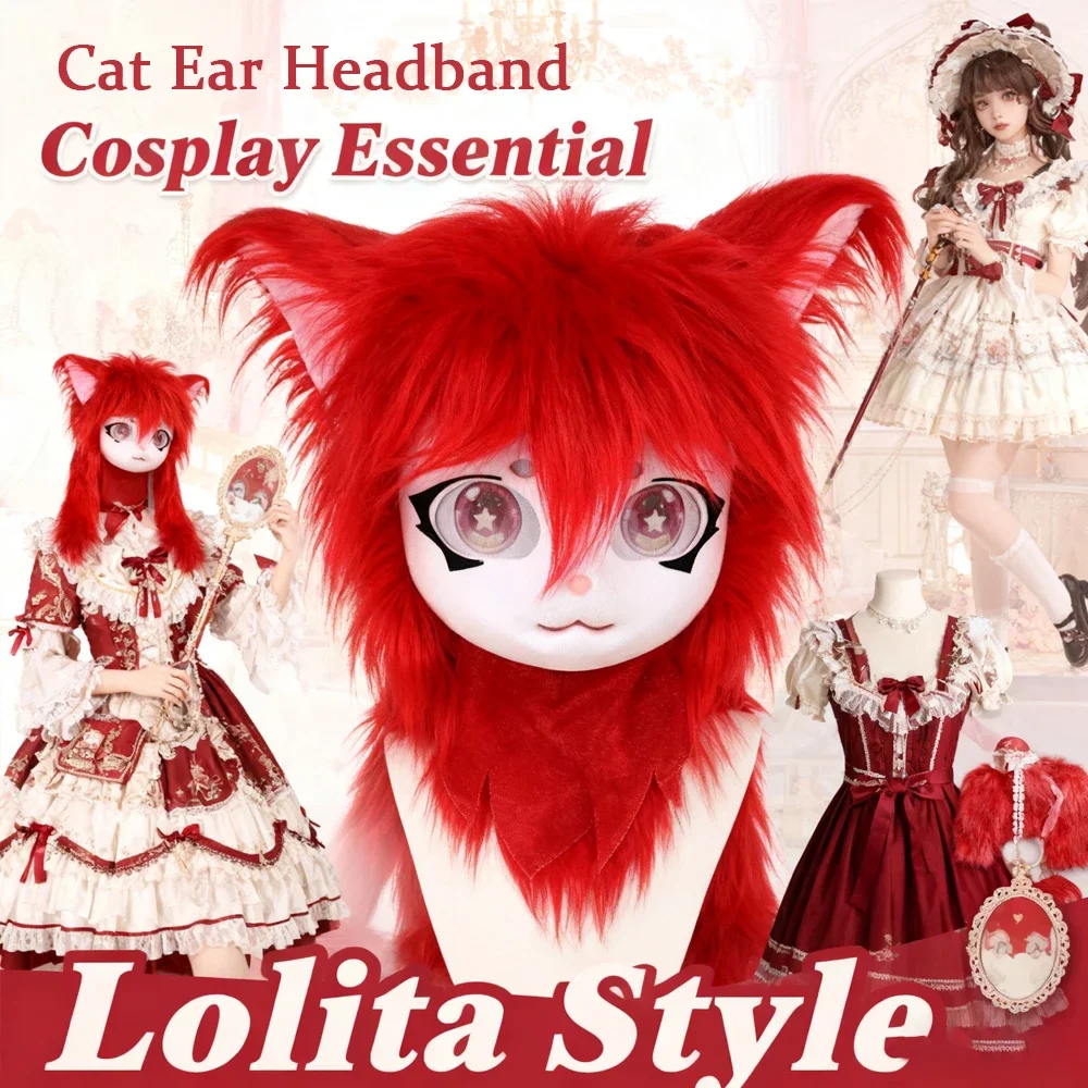 

Kigurumi Fursuit Head Mask Detailed Craftsmanship - Adorable Lolita Style Cat Ear Plush Wearable Cosplay Costume Set for Party