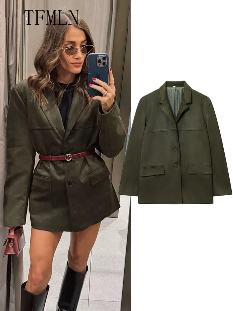 

Retro Office Lady Loose Blazer Jackets Fashion Notched Single Breasted Chic Causal Coats High Street Pockets Outwear 2025 Autumn