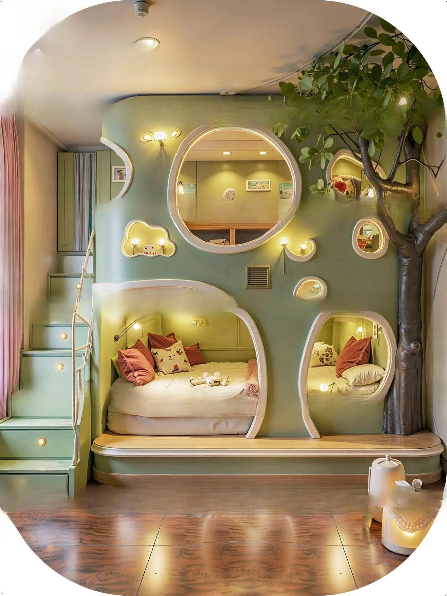 Hidup di hutan yang luas Tempat tidur anak-anak Rumah pohon hijau Harta karun pria Harta karun wanita Tempat tidur naik turun