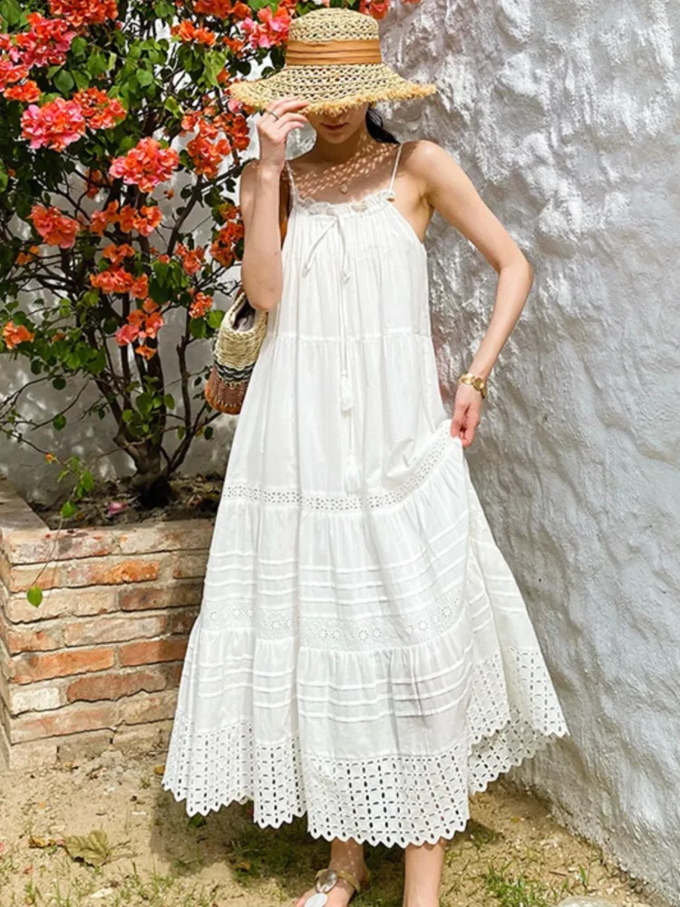 bohemian white flowy dress Bahia Maxi Dress White With Blue Embroidery Long Puffed Peasant Sleeve –  Made4Walkin main image 0