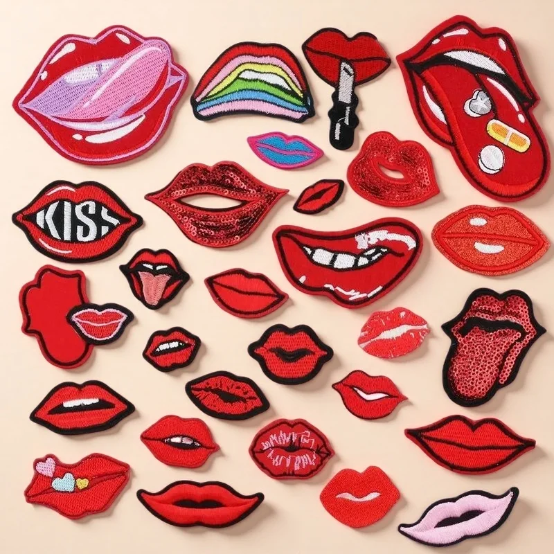 Blazing Sun Red Lips Embroidery Label Lips Mouth Embroidery Cloth Sticker Clothing Clothes Hole Patch Sticker