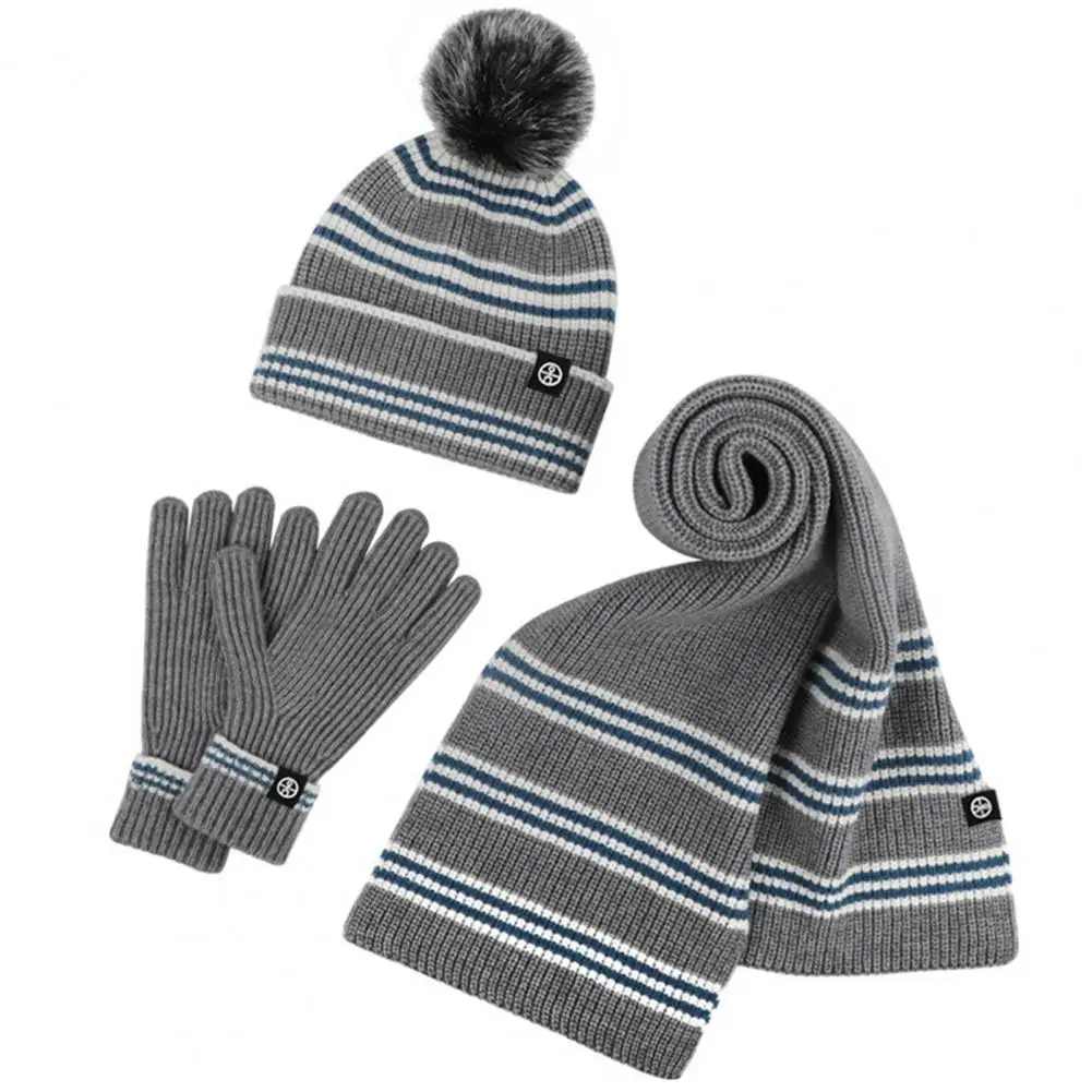 Knitted Hat Scarf Gloves Set Winter Beanie Scarf Gloves Set with Plush Ball Decor Unisex Striped Knitted Warm Cap Gloves