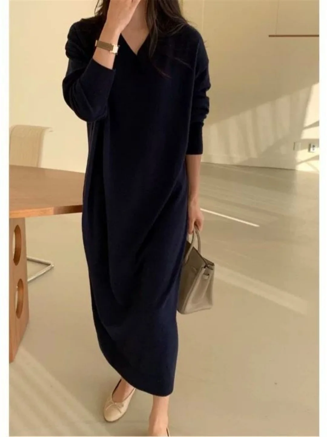 Plus size v-ne malha dr coreano sle camadas base casaco longo reto outono inverno nova chegada para mulheres pesadas