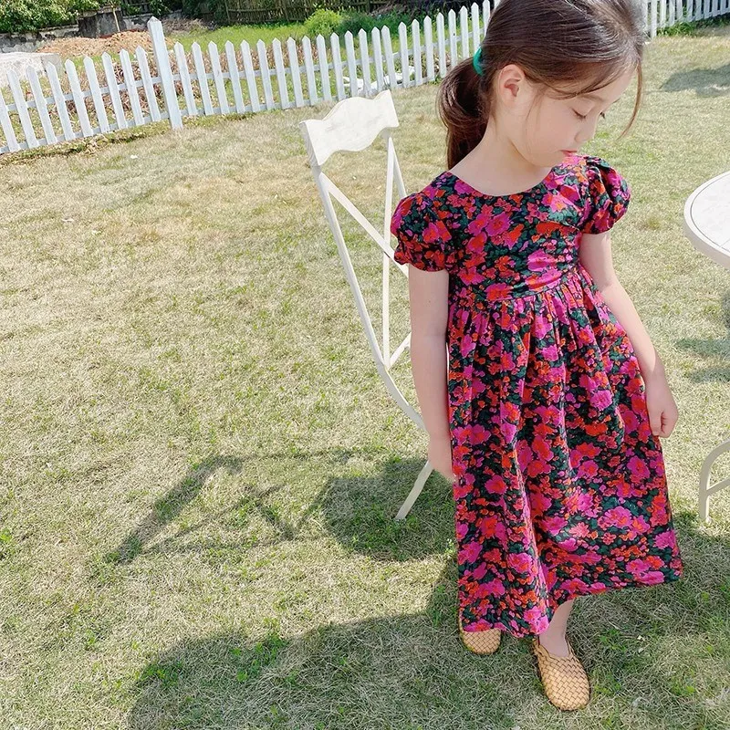 Summer Casual Baby and Girls Cotton All-Over Floral Backless A-Line Retro Long Dress School Kids Sweet Outfit Child Skirt 2-8Yrs
