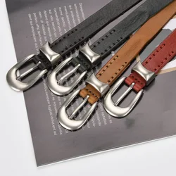 Ceinture fine en cuir avec short en jean pour femme, couche supérieure rétro décontractée, ceinture de personnalité avancée, structure à broches en alliage, luxe, nouveau, 2022