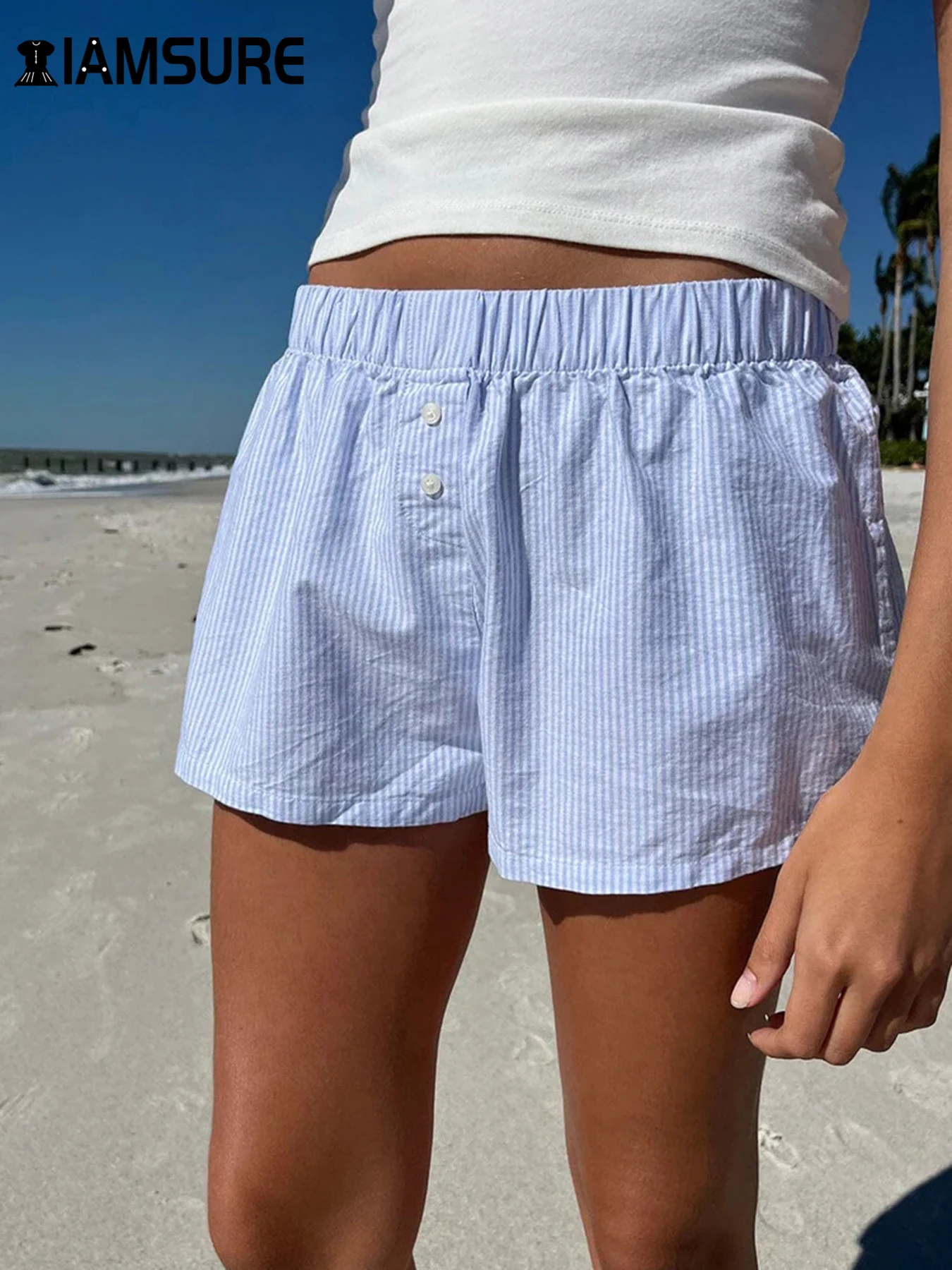 IAMSURE Holiday Casual Loose Striped Shorts Sweet Basic Mid-Waisted Shorts Women 2024 Summer Fashion Streetwear Lady Beach Style