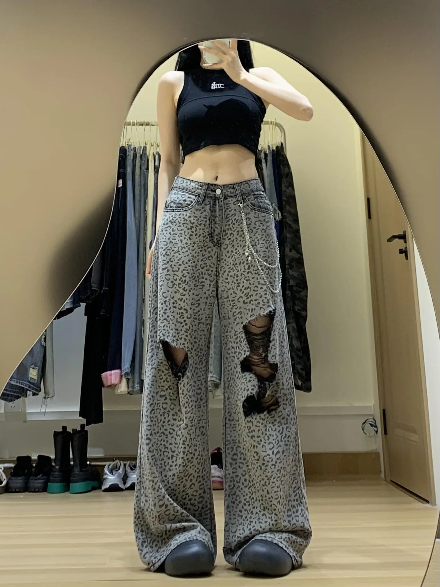 Sweet Cool Leopard Print High Waist Denim Jeans Women's Loose Slimming Straight Leg Wide Leg Pants American Style Casual Jeans