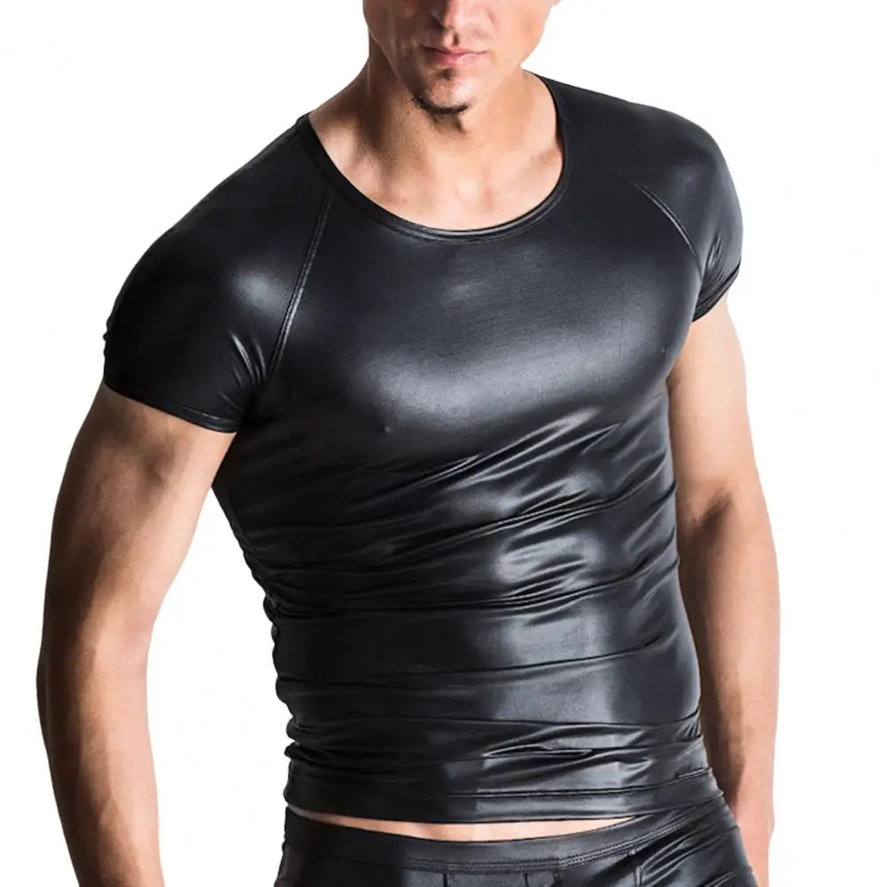 Men Faux Leather Tops Stretch Pu Leather Short Sleeve T-shirts Club Slim Bar Stage Performance Tee Shirt Elastic Tops Blouse