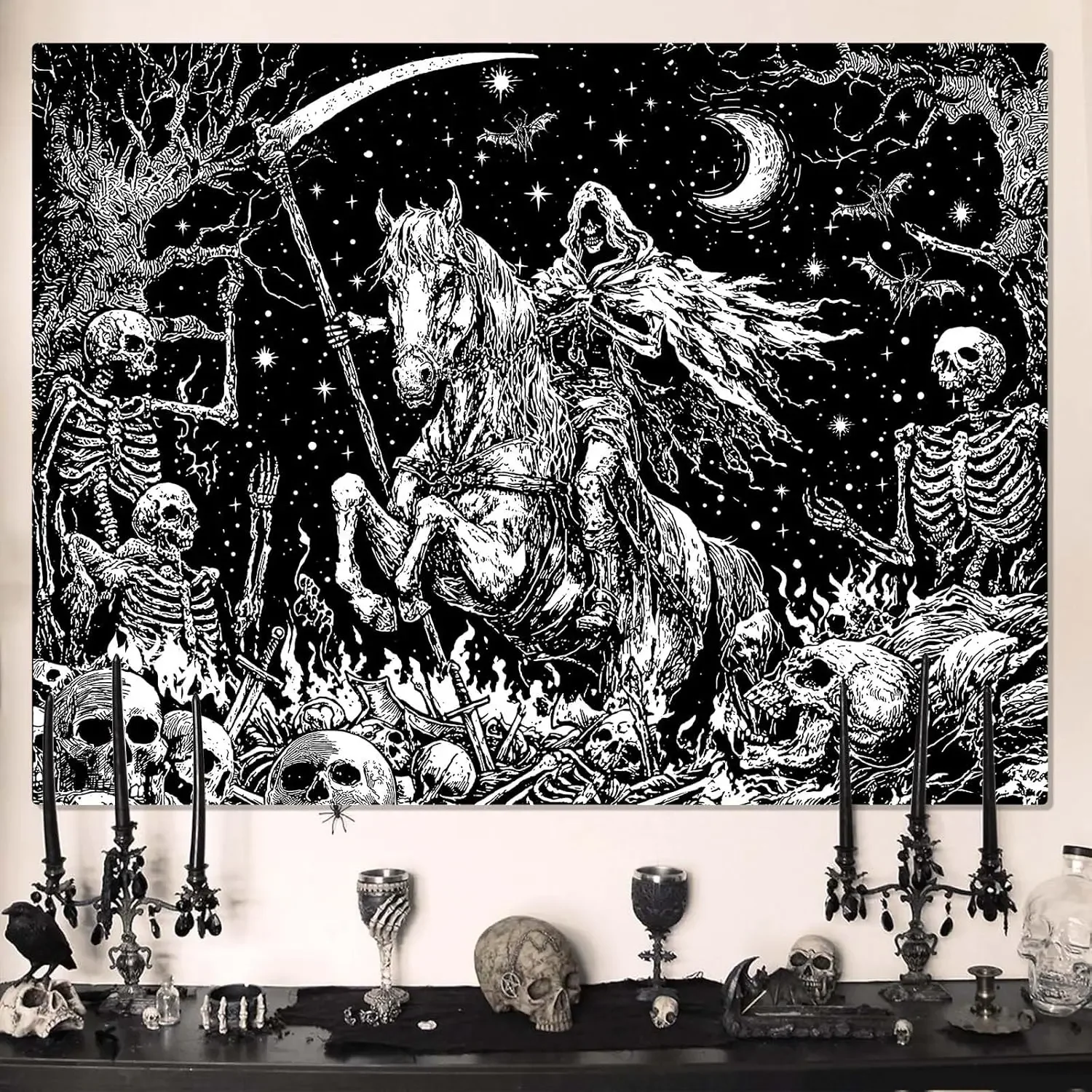 Gothic Skeleton Tapestry Horror Moon Skull Dark Death Grim Reaper Wall Art Bedroom Grunge Room Decor Black And White