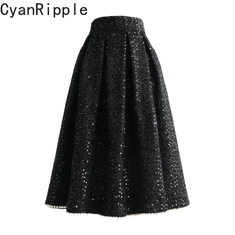 2026 New Autumn Winter Hepburn Sequins Black Umbrella Skirt Elegant High Waist Large Bottoms Mid-length A-line Puffy Skirts