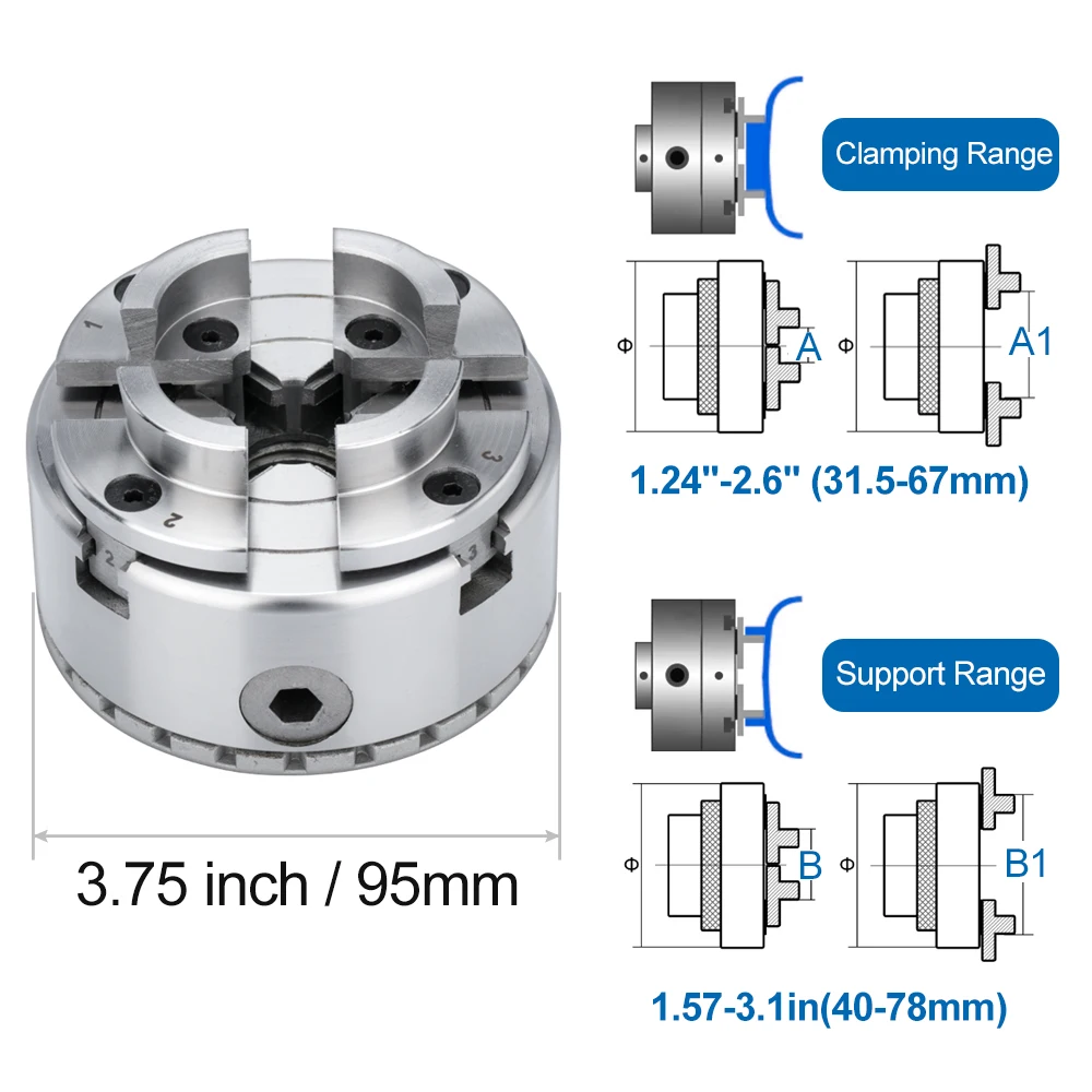 XCAN Chuck KP96 4-Jaw Self-Centering Chuck for Wood Lathe 3.75 inch Lathe Tools