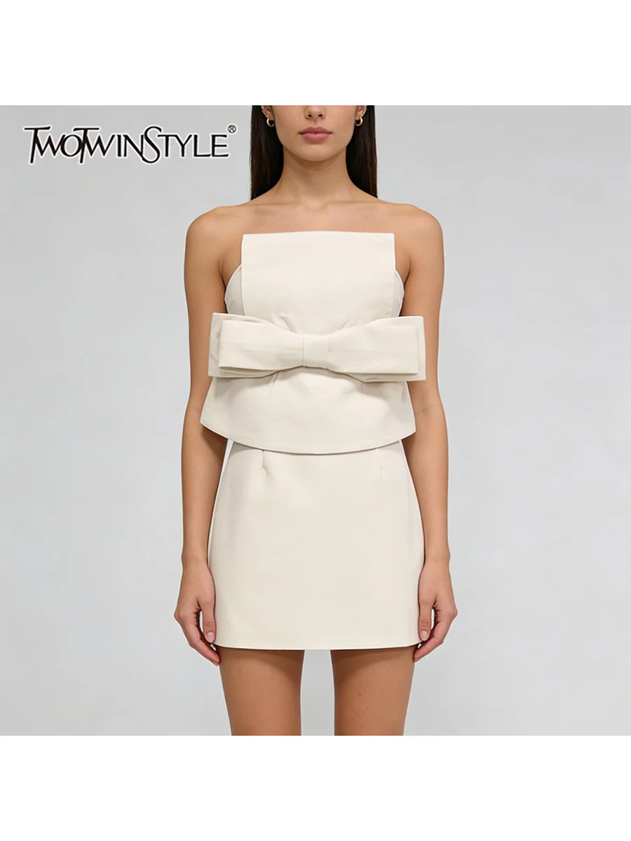 TWOTWINSTYLE, vestidos elegantes adelgazantes con lazo empalmado para mujer, sin tirantes, sin mangas, cintura alta, vestido minimalista, ropa femenina