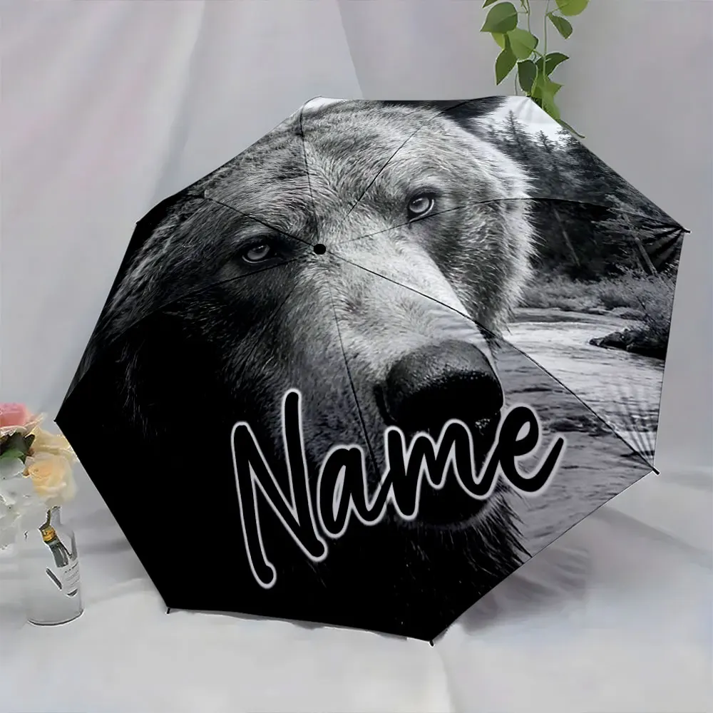 Custom Name Umbrella Bear Umbrella Design for Nature Lovers Print 8 Iron Ribs Folding Umbrella Auto-Open Fashion Sunshade
