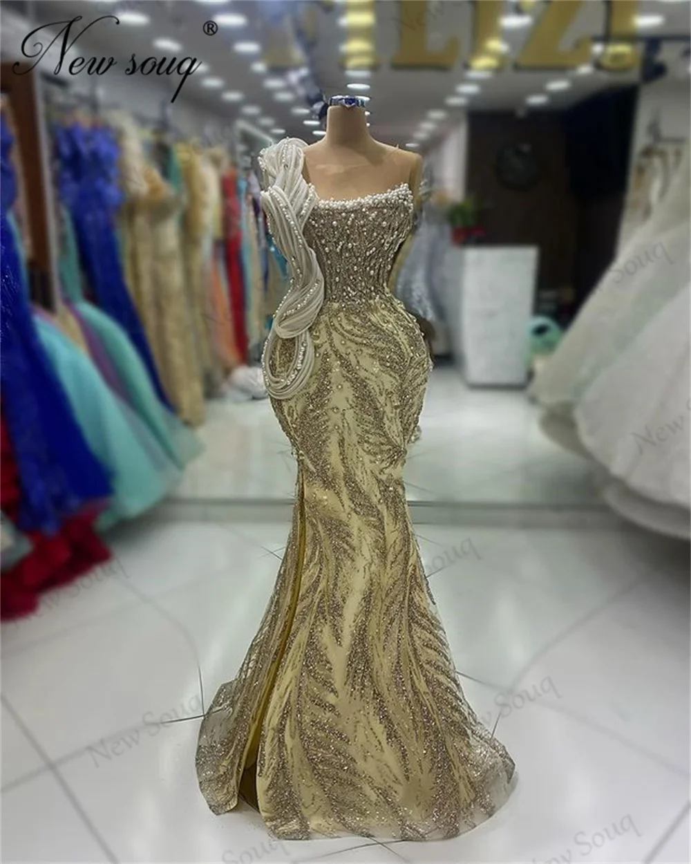 New Fashion Champagne Beaded Prom Dresses Middle East Ruffles Shoulder Long Evening Dress Dubai Custom Made Party Cermony Dress