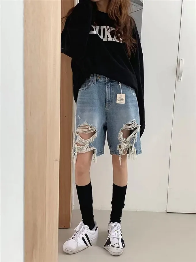 Pantalones vaqueros ajustables con botones de cintura alta, tela de algodón orts, pantalones informales holgados con agujeros grandes para ir al trabajo coreano