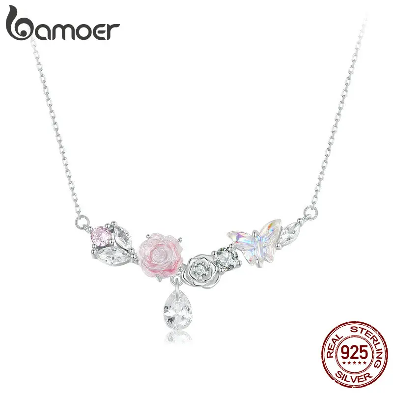 Bamoer 925 Sterling Silver Romantic Flower Necklace Fantasy Butterfly Neck Chain for Women  Valentine\'s Day Fine Jewelry Gift