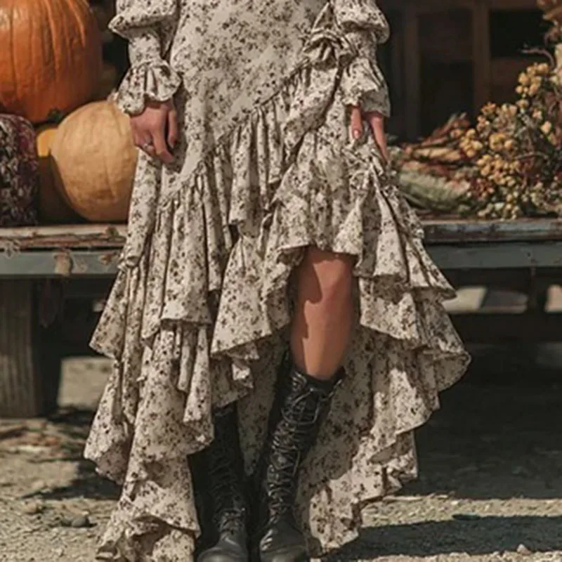Vintage Floral Print Ruffle Irregular Long Dress Woman Sexy Deep V Neck Bowknot Maxi Dresses Autumn Long Sleeve Party Boho Dress