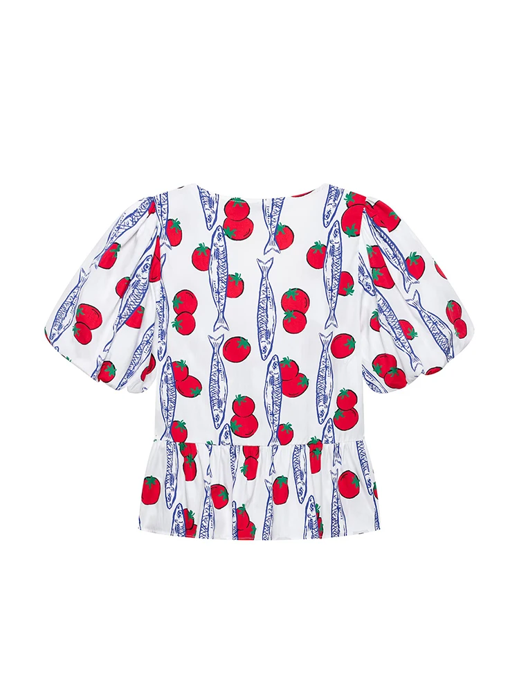 TFMLN Women V Neck Short Puff Sleeve Shirt Sweet Print Bow Lace Up Causal Tops 2026 New Fashion  Ladies Streetwear Blouse - view 5
