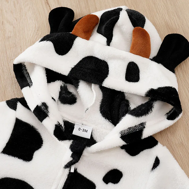 Baby Fleece Jumpsuit Cute Cow Thick Clothing Long Sleeved Warm Hooded Sweatshirt Newborn Outdoor Climbing Suit