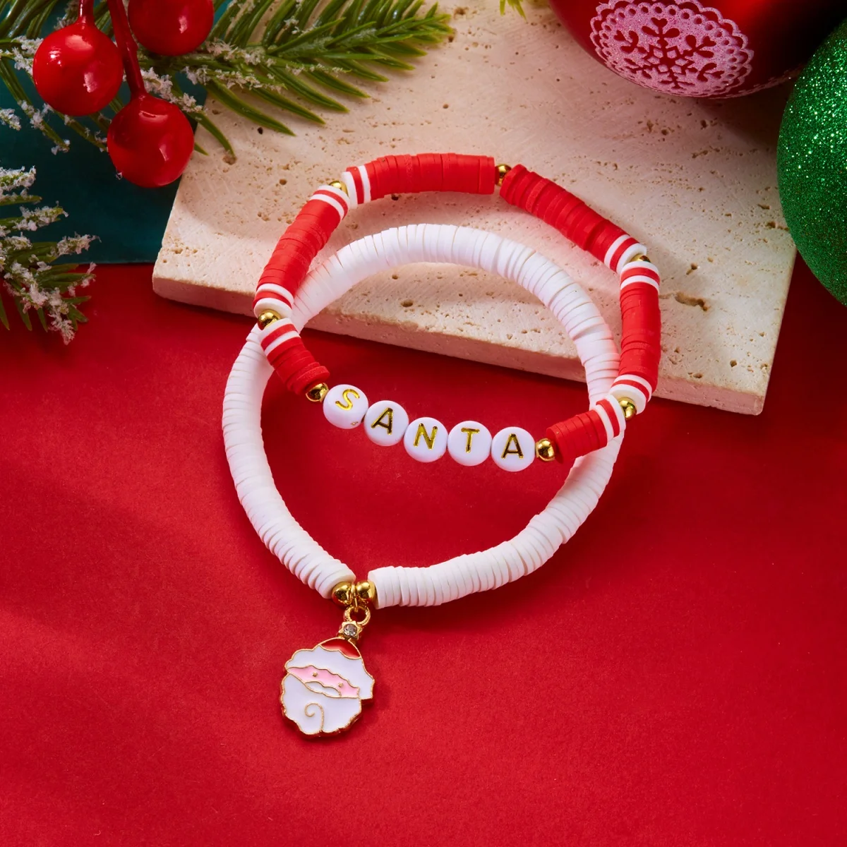 Christmas Bracelets Santa Claus Pendant Resin Letters Soft Clay Beaded Double Layer Bangle Holiday Jewelry Gift For Women Men