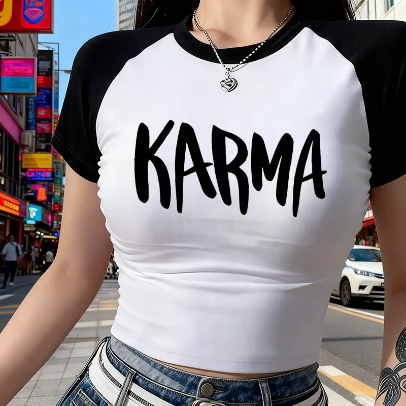 Damen Sexy Kurzarm-T-Shirt Frühling Sommer Rundhals Crop-Top Y2K-Stil Crop-Shirts mit KARMA-Schriftzug Kleidung