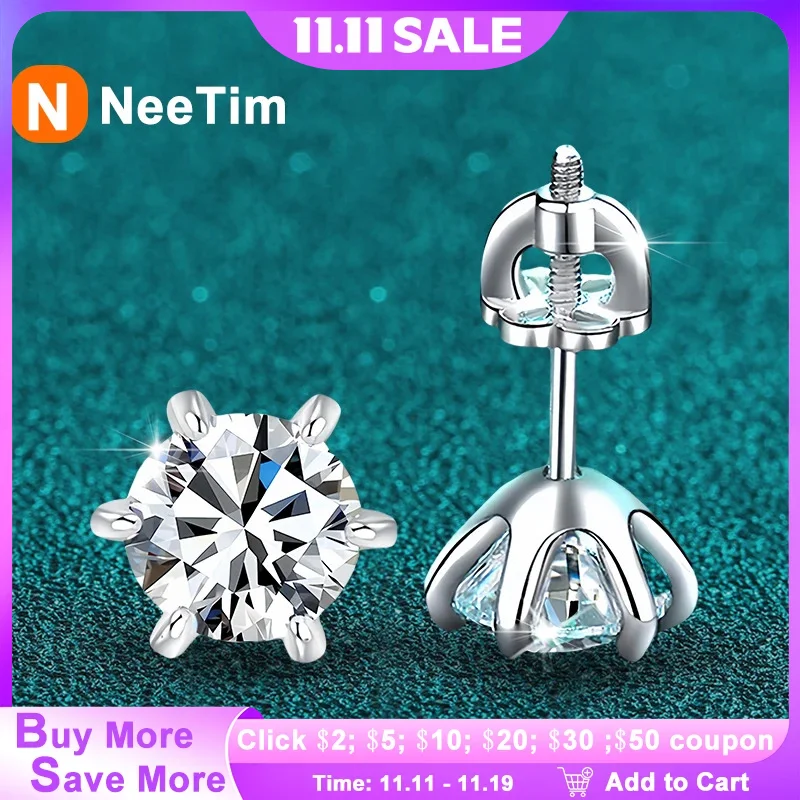 

NeeTim 1 карат 2 карата муассанитовые серьги-гвоздики для женщин, стерлинговое серебро 925 пробы с позолоченными бриллиантами, серьги-гвоздики для свадебной вечеринки и девочек