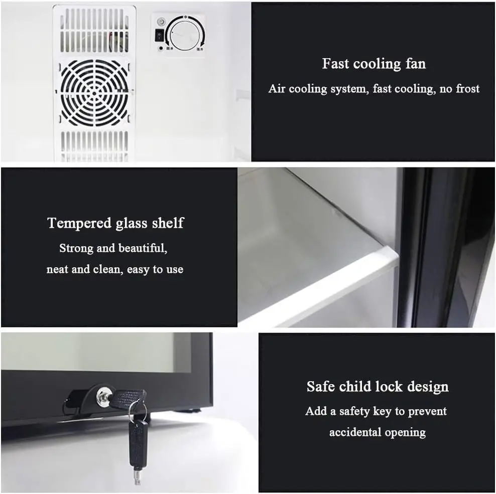 ثلاجة بار صغيرة تجارية للفندق مع قفل 30 لتر، باب إسفنجي أسود وأبيض، ثلاجة صغيرة مع ضوء LED