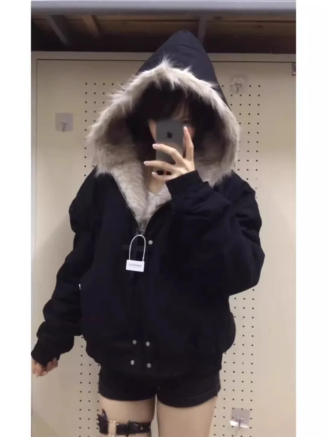 Retro American Black Fur Collar Hooded Cotton Jacket Women's Loose Short Top Autumn Winter New Style Furry Ladies Coat