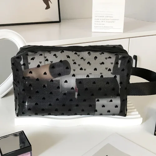 Bolsa de cosméticos de malla de nailon en forma de corazón, organizador de artículos de tocador portátil, bolsa de maquillaje multifuncional para mujer, lápiz labial, monedero, bolsa