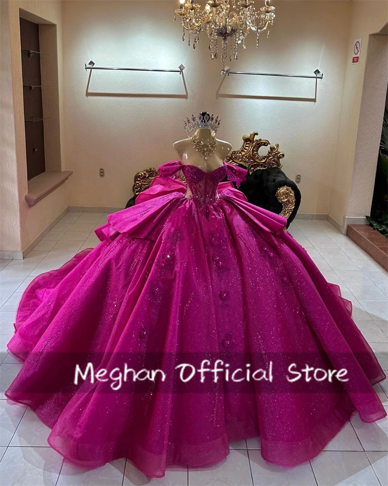 

Fuchsia 3D Flower Quinceanera Dresses Bead Appliques Bow 2025 Birthday Luxury Dress Off The Shoulder Princess Gown Customized