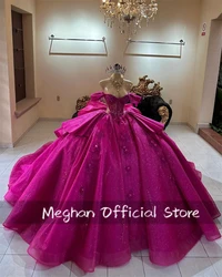 Fuchsia 3D Flower Quinceanera Dresses Bead Appliques Bow 2025 Birthday Luxury  Dress Off The Shoulder Princess Gown Customized