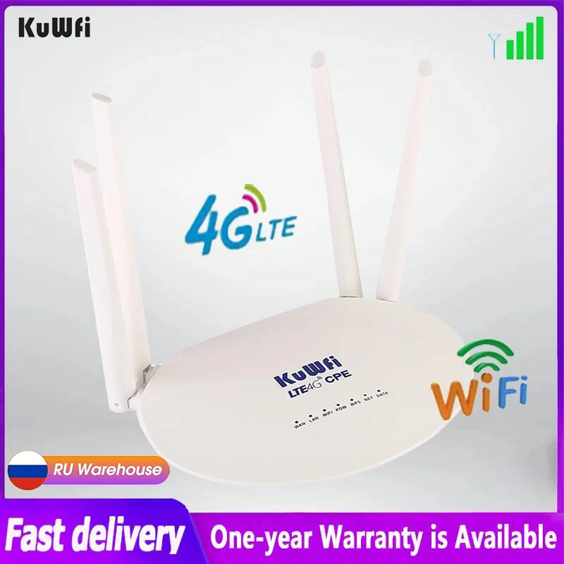 

KuWfi 150Mbps Wifi Router 4G LTE Wireless Router Modem Mobile Hotspot With Sim Card Slot 4 External Antenna Support 32 Devices