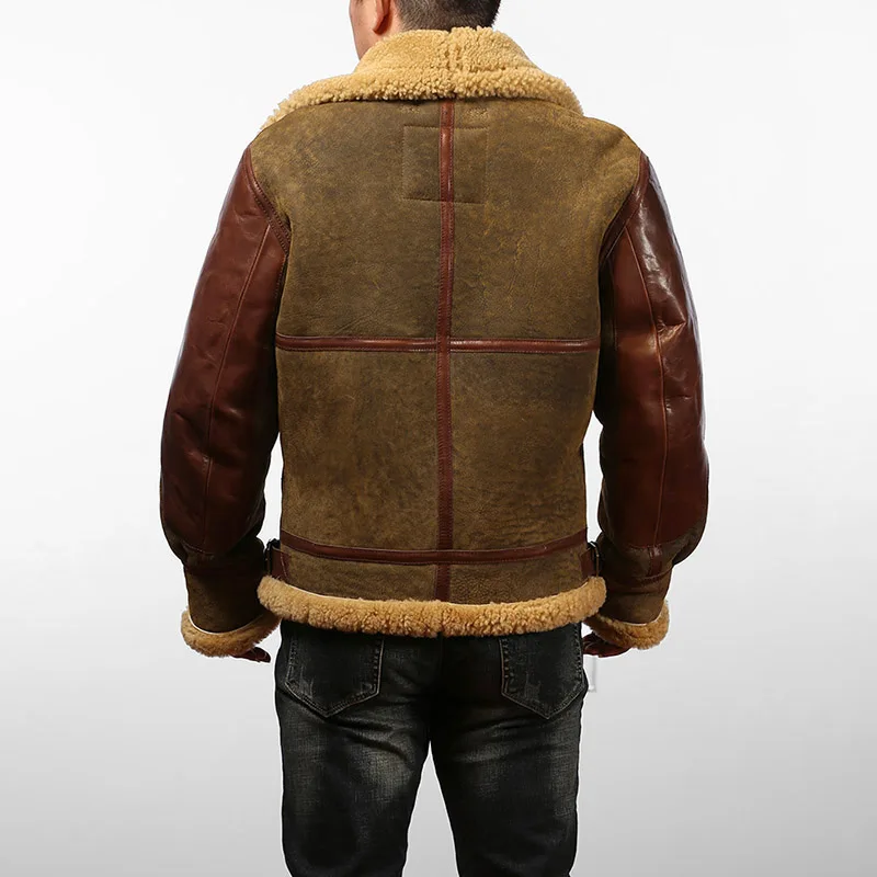 AV20 European Size High Quality Super Warm Genuine Sheep Leather Coat Mens Big B3 Shearling Bomber Military Fur Jacket