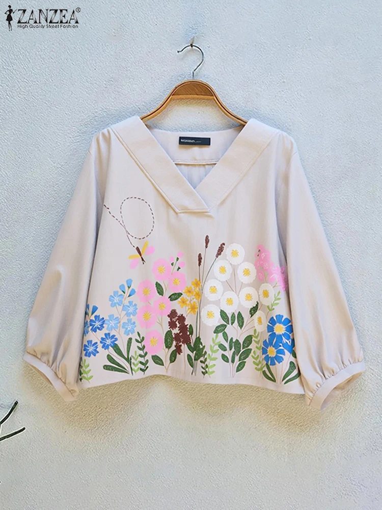 

ZANZEA Women Blouse Fashion Floral Printed Tops Casual Loose 3/4 Sleeve Tunic 2025 Elegant V Collar Blusas OL Vintage Pullover