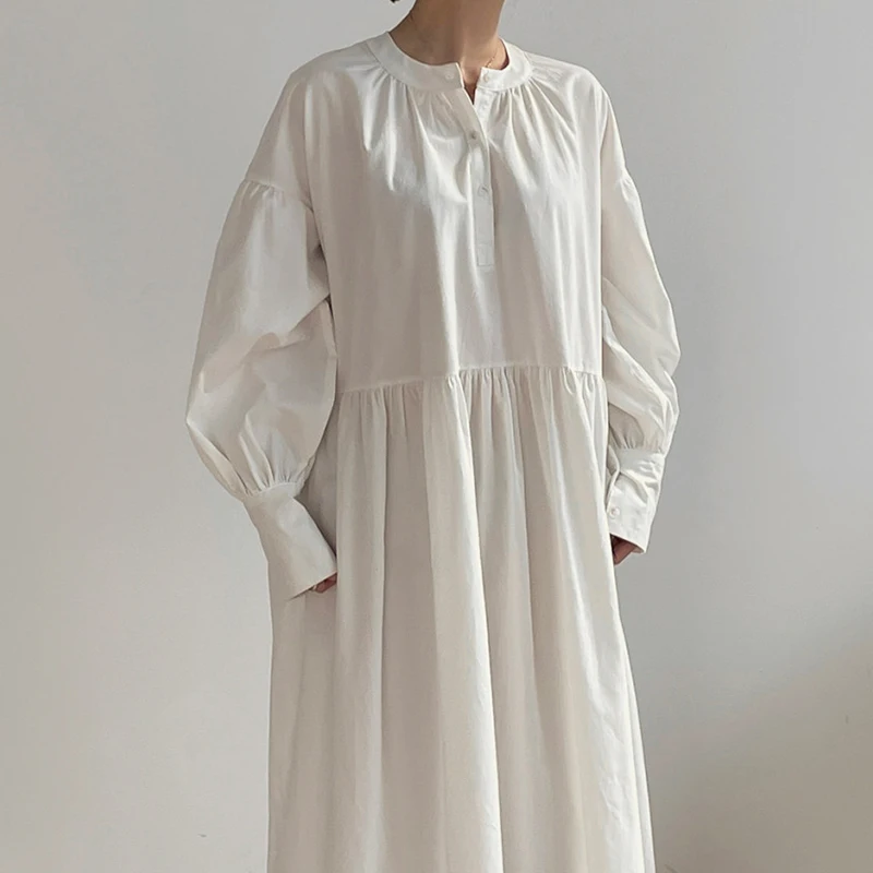 Tapis Chic rond Ne t-shirt bouton Design taille ample lanterne Sve couleur longue Dr femmes coréen Sle trajet